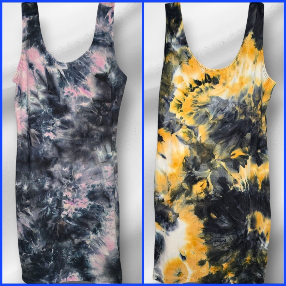 TWO New Vintage/Y2K Tie-Dye Dresses-Womens LARGE-Yellow,Pink,Grey-Sundress,Boho